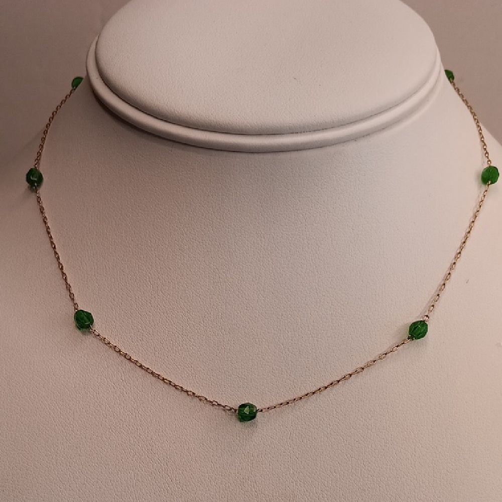 Delicate 12K GF Green Bead Station Necklace 15" Long Vintage